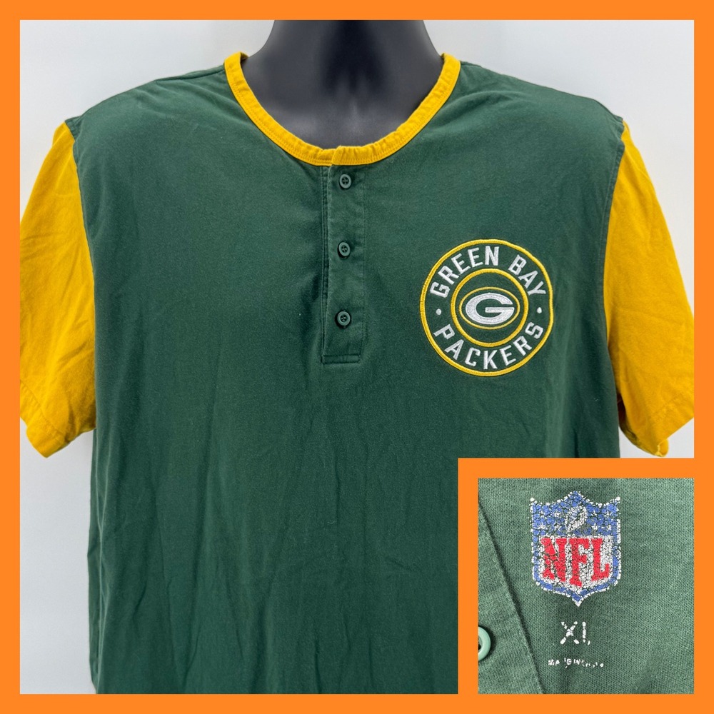 NFL Green Bay Packers Henley Shirt Mens XL Green Gold Embroidered Logo SS